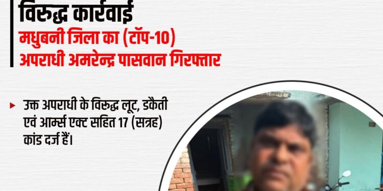 मधुबनी में BiharPolice की बड़ी कार्रवाई, टॉप-10 अपराधी अमरेन्द्र पासवान गिरफ्तार