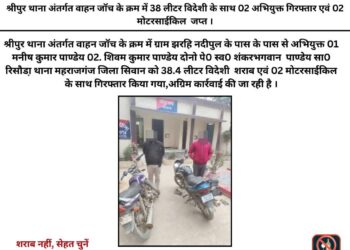 गोपालगंज पुलिस की बड़ी कार्रवाई: 38 लीटर विदेशी शराब के साथ दो तस्कर गिरफ्तार, दो बाइक जब्त