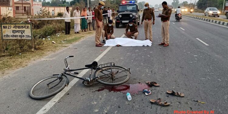 एनएच-27 पर भीषण सड़क हादसा, अज्ञात वाहन की चपेट में आने से साइकिल सवार की दर्दनाक मौत।