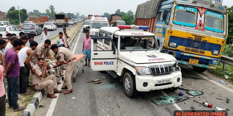 गोपालगंज: NH-27 पर भीषण सड़क हादसा, गश्ती दल की जीप को ट्रक ने मारी टक्कर; 3 पुलिसकर्मी घायल
