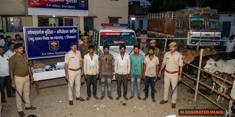 गोपालगंज पुलिस का ‘ऑपरेशन क्लीन’: पशु तस्कर गिरोह का भंडाफोड़, 7 गिरफ्तार।