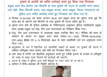 गोपालगंज: मानवता शर्मसार, 10 वर्षीय मासूम से तीन दिनों तक दरिंदगी; आरोपी गिरफ्तार।