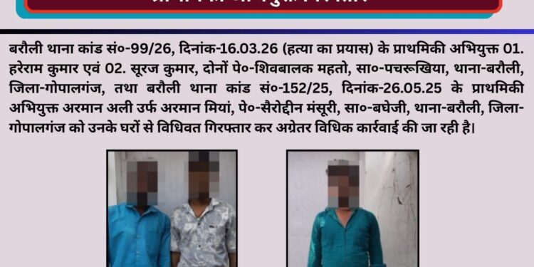 गोपालगंज: बरौली पुलिस की बड़ी कार्रवाई, हत्या के प्रयास मामले में 03 अभियुक्त गिरफ्तार।