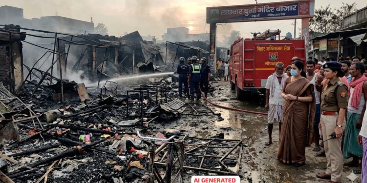 गोपालगंज: गैस सिलेंडर फटने से भीषण आग, 21 दुकानें जलकर खाक।
