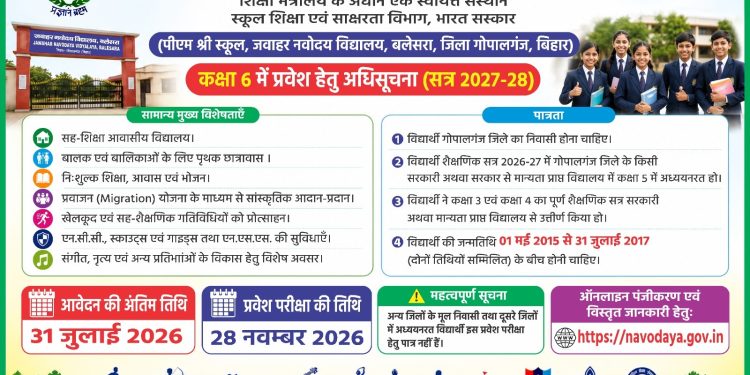 पीएम जवाहर नवोदय विद्यालय बलेसरा में कक्षा 6 नामांकन शुरू, 31 जुलाई तक करें आवेदन